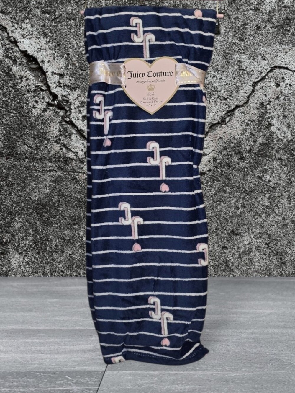Juicy Couture Navy Blue & Pink Striped Plush Throw Blanket